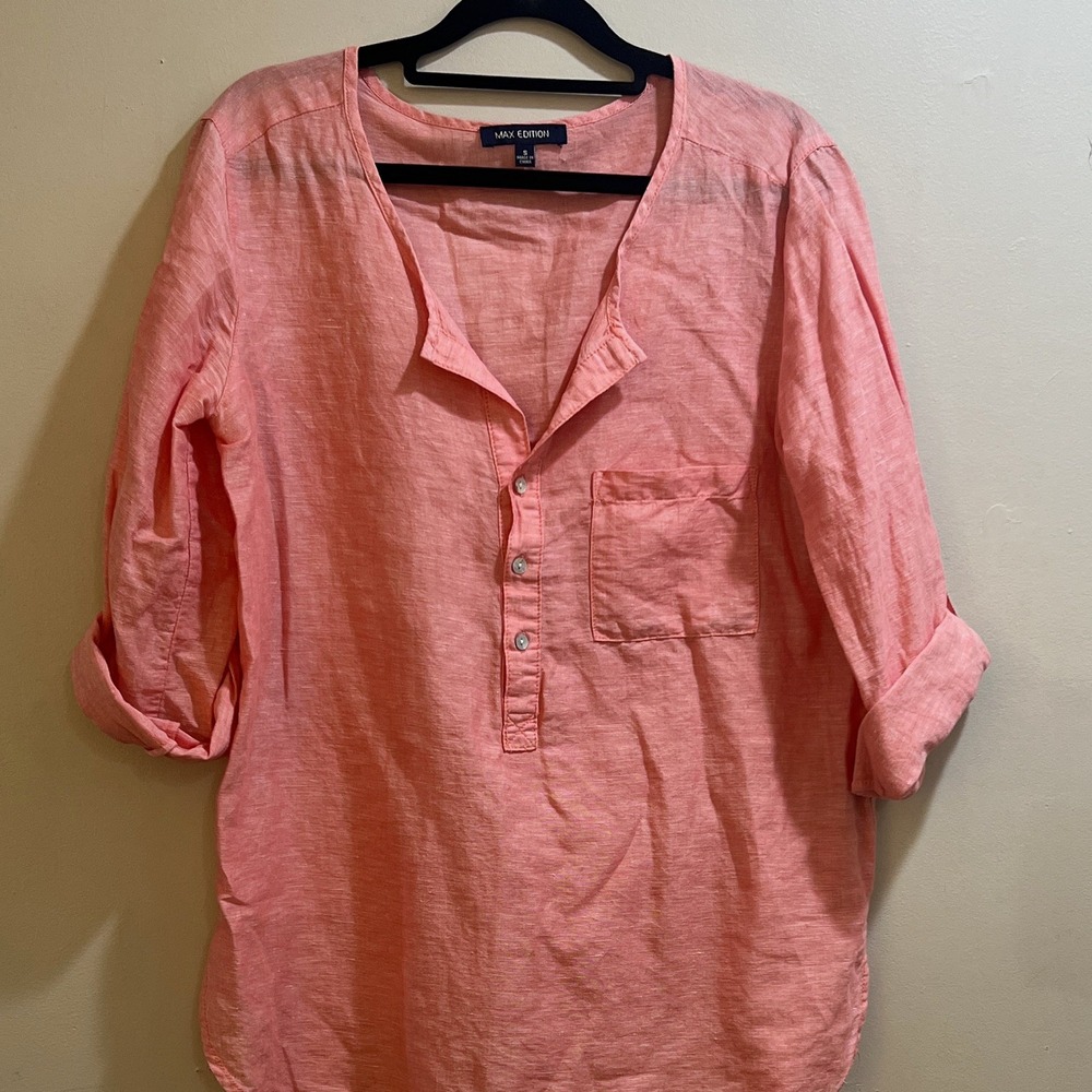 Max Edition womens Pink/Coral Linen Cotton Band Collar Button-Up Shirt S
